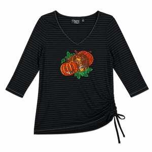 Y2K Onque Casual Women's Striped 3/4 Sleeve Top with Sequin Pumpkin Embellishmen